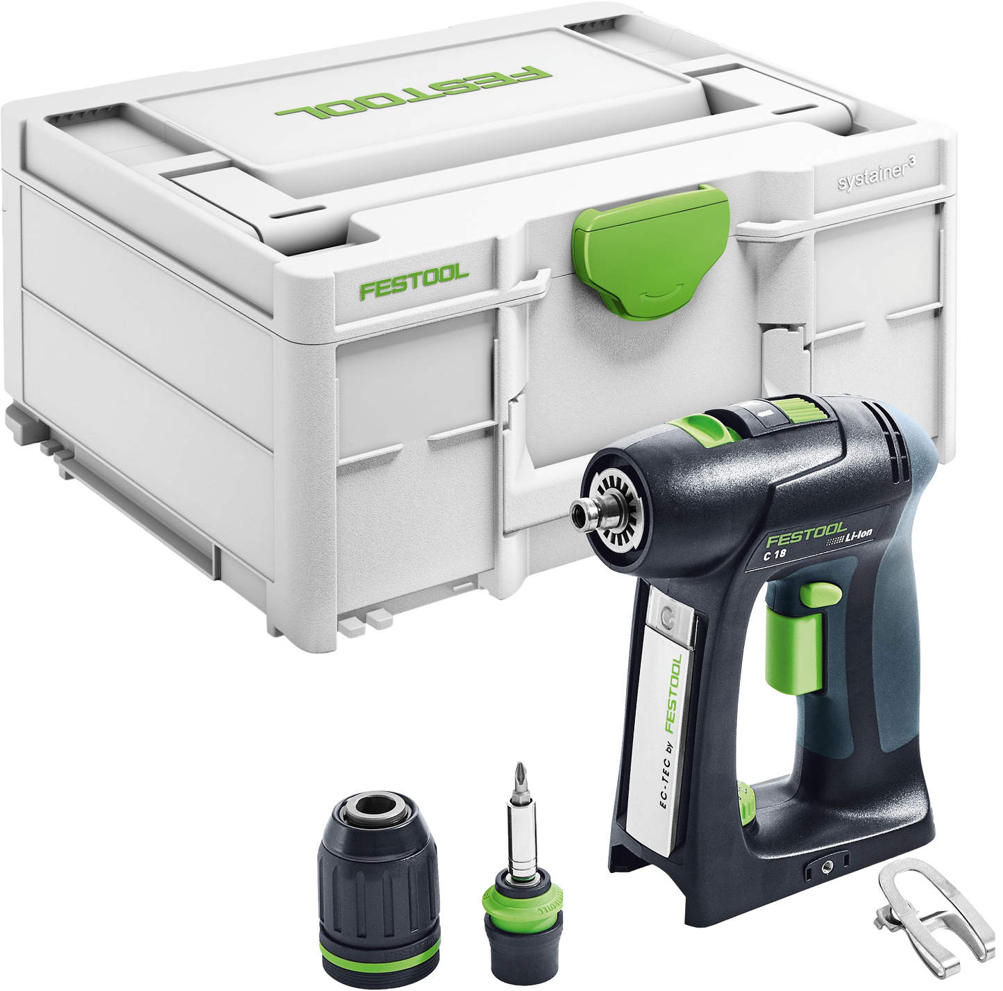 Compact cordless drill with ergonomic grip, battery, and accessories in white green Festool storage case for home improvement tasks
