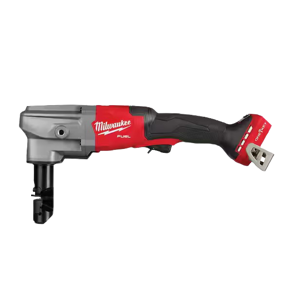 Cordless red and black power nibbler tool designed for metal cutting in home improvement projects