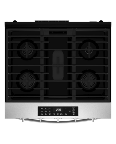 Top view of stainless steel 30-inch gas smart range with four burners and digital control panel from Ranges collection