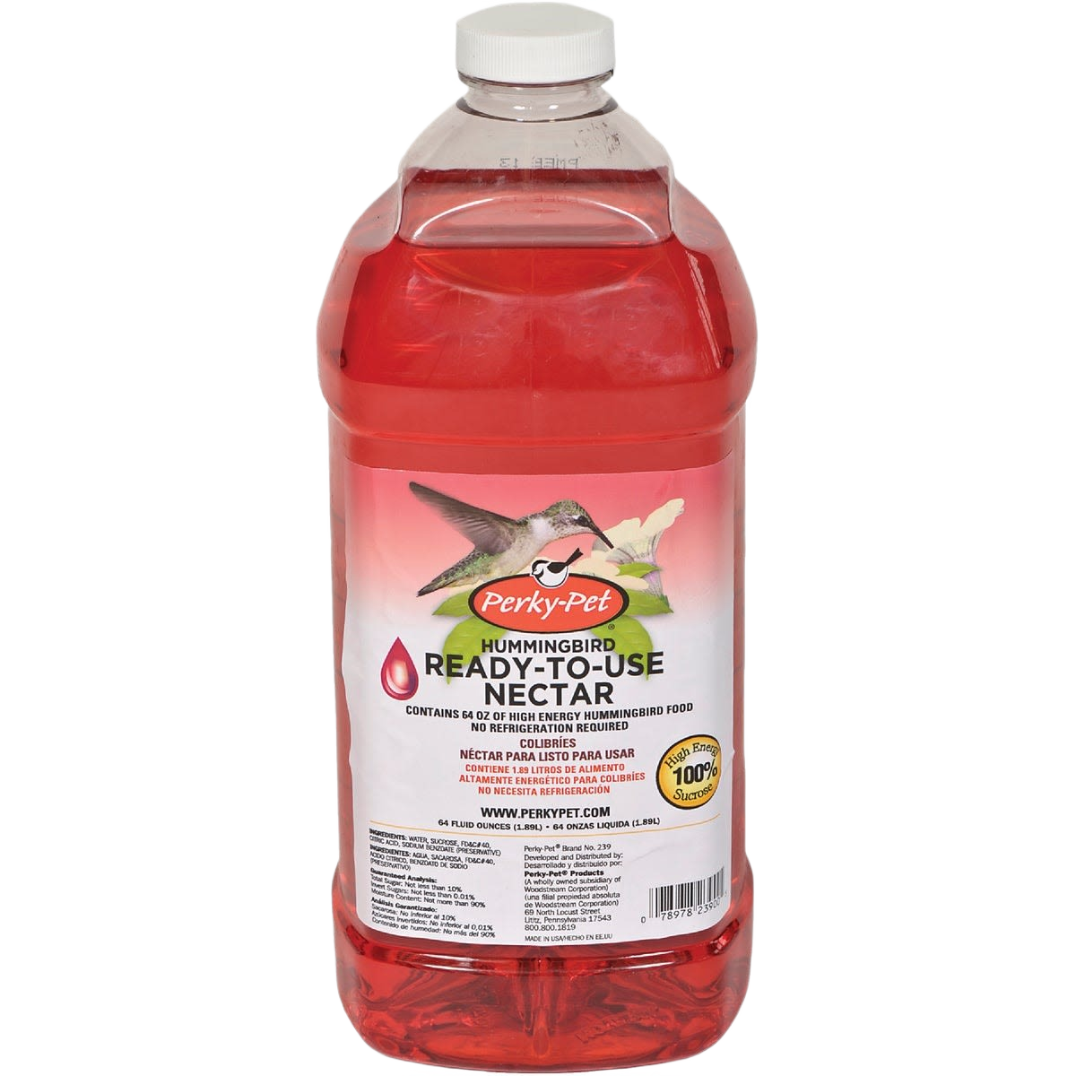 Large clear plastic jug of red hummingbird nectar with white cap and detailed label for bird feeding tasks