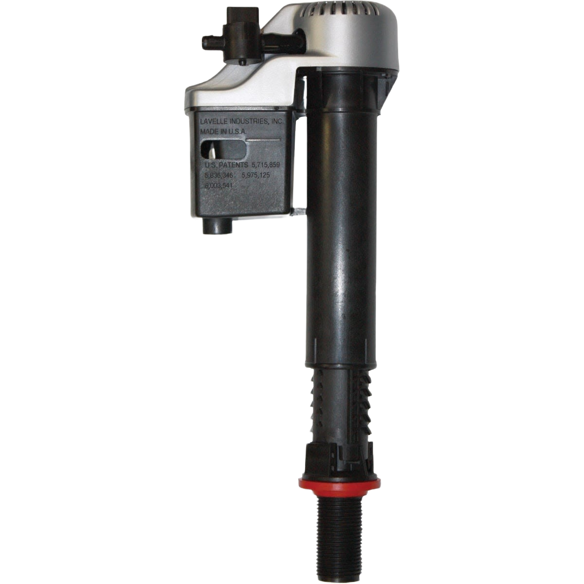 Black and silver fill valve with red seal designed for quiet toilet refill in plumbing and repair projects under $50 category