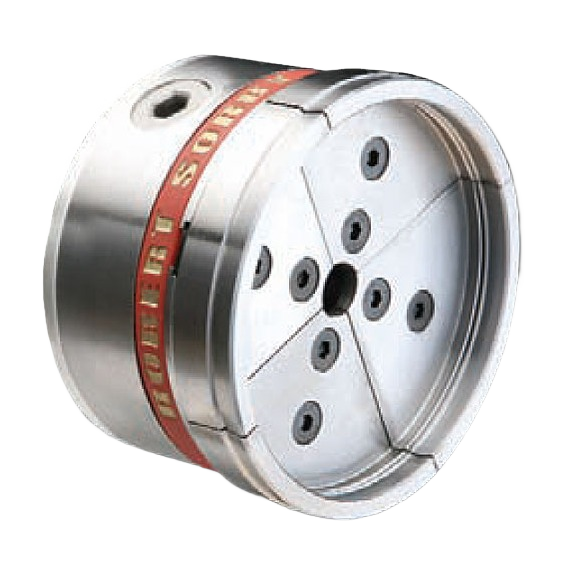 Polished steel chuck jaws with red branding band for woodworking tool accessories and home improvement use