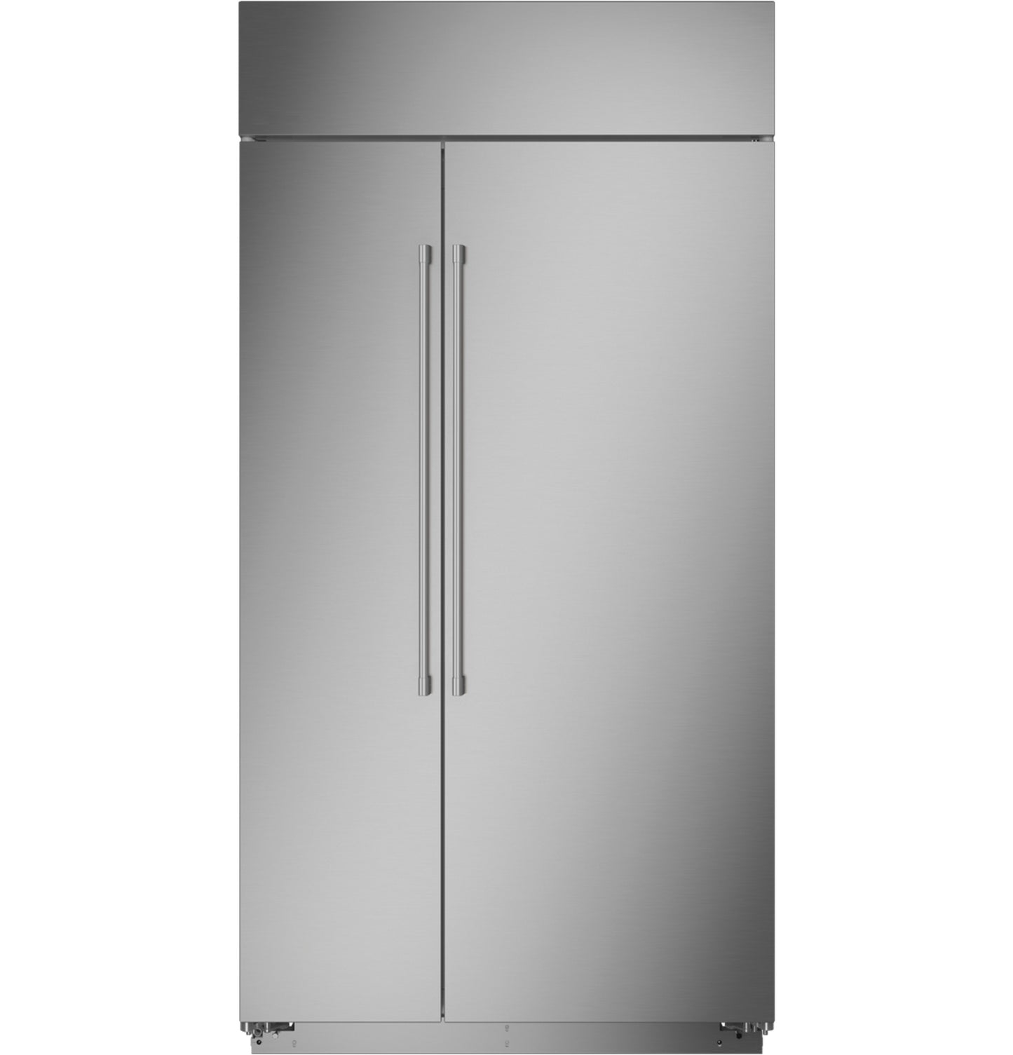 Stainless steel built-in side-by-side refrigerator with sleek vertical handles for modern kitchen appliances collection