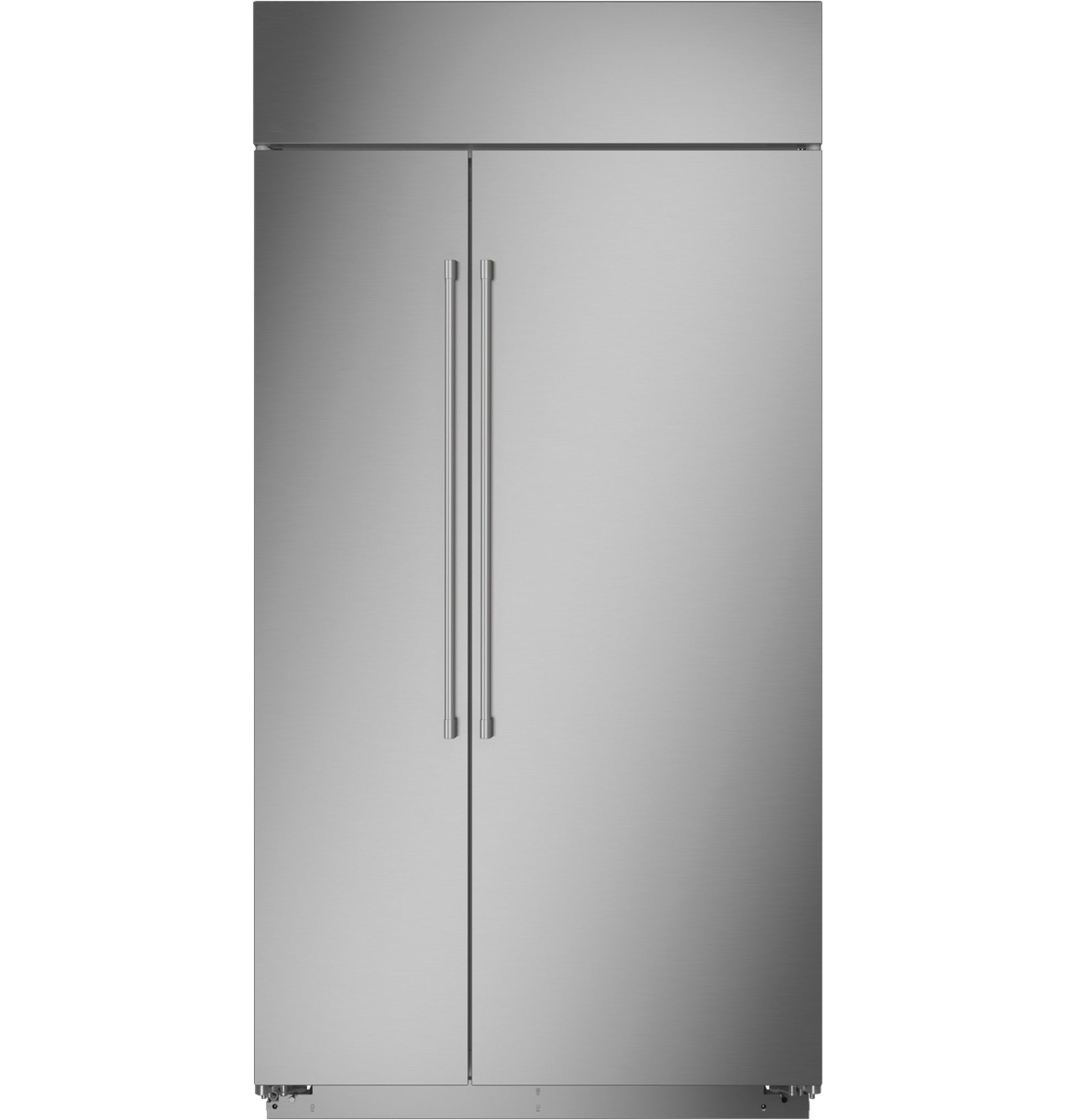 Stainless steel built-in side-by-side refrigerator with sleek vertical handles for modern kitchen appliances collection