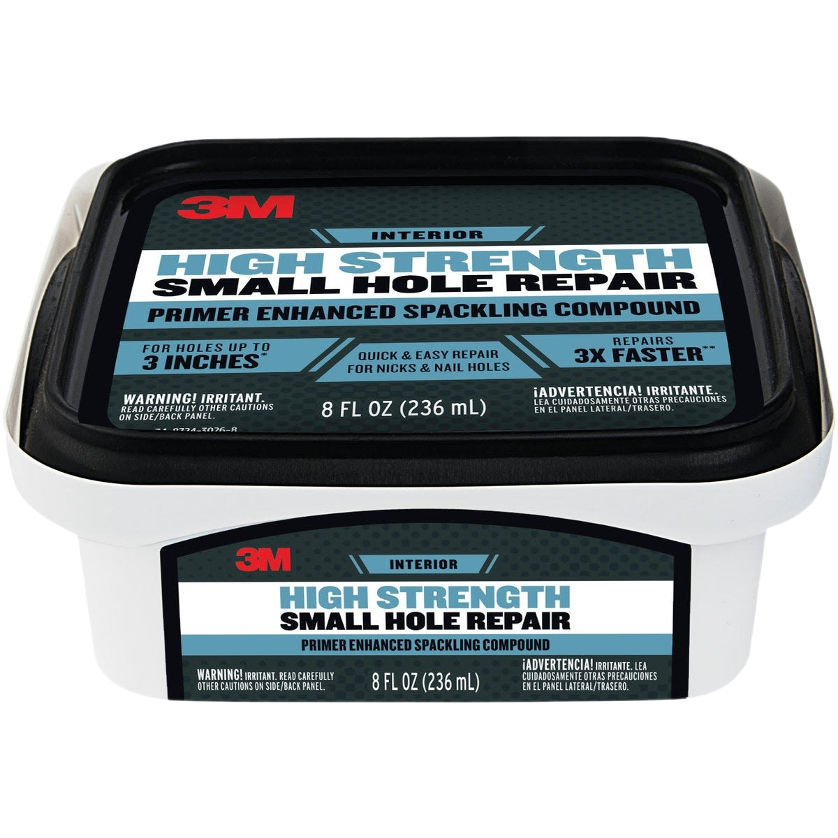 8 oz container of high strength spackling compound with primer for small hole repair in drywall and wood projects