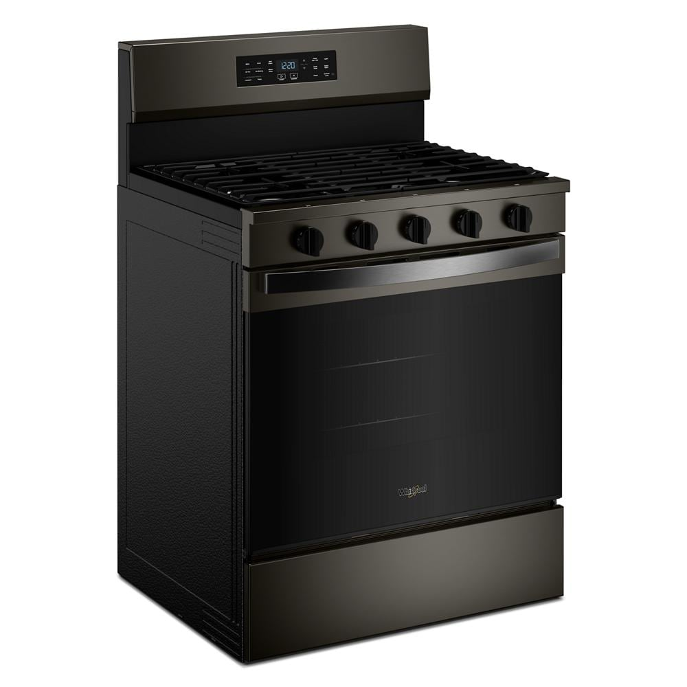 Free-standing gas range with five burner knobs, digital control panel, and black stainless steel finish in kitchen appliances collection
