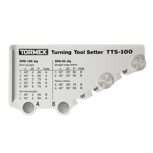 White Tormek turning tool setter with engraved angle settings for woodturning tools in woodworking accessories collection