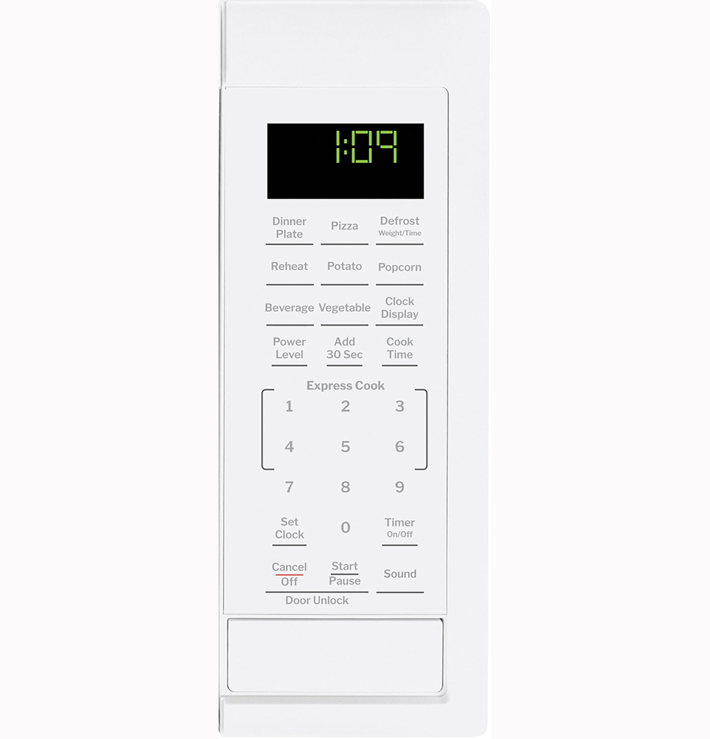 White microwave control panel with digital clock, preset cooking options, and numeric keypad from Countertop Microwaves collection