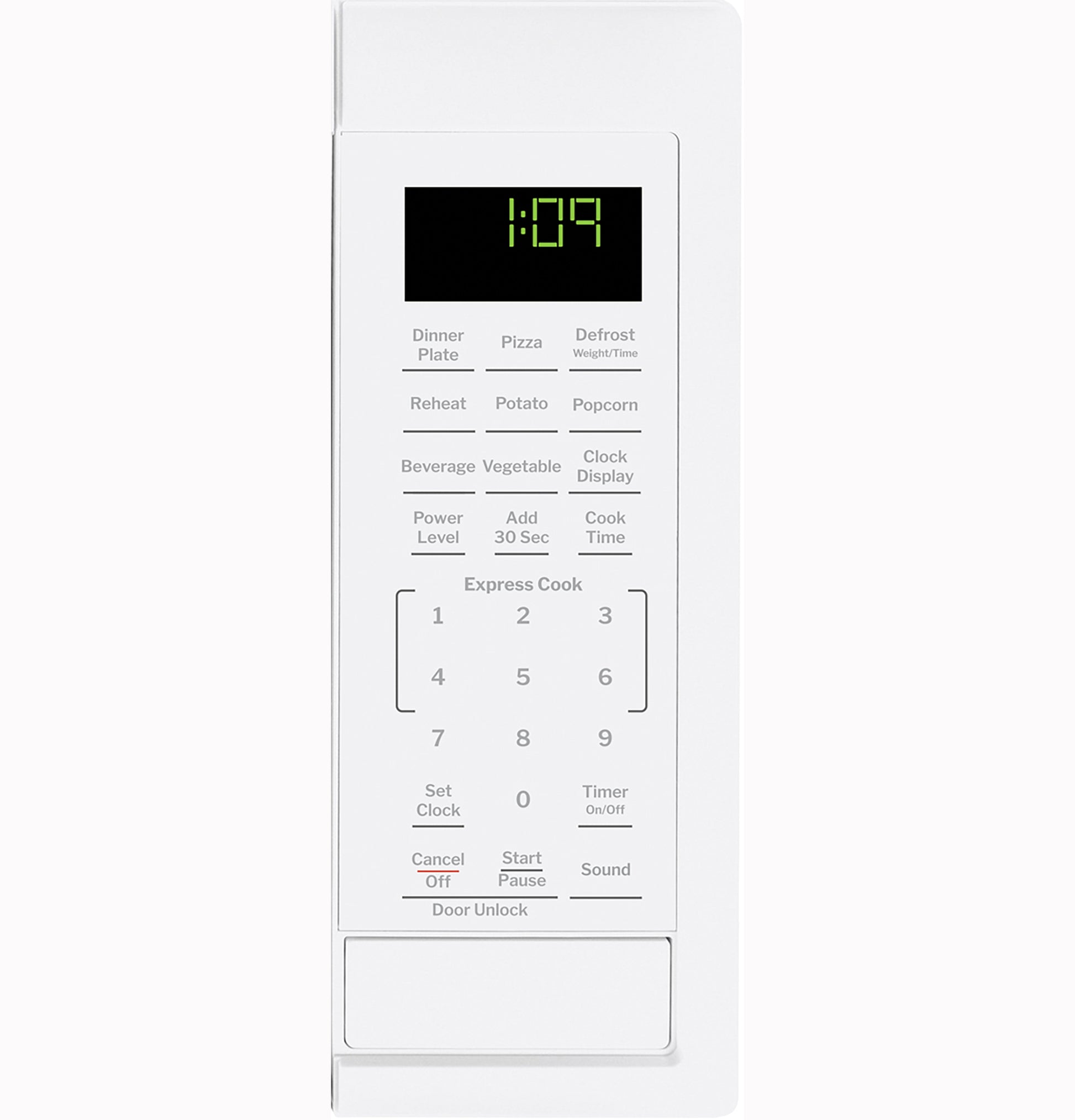 White microwave control panel with digital clock, preset cooking options, and numeric keypad from Countertop Microwaves collection