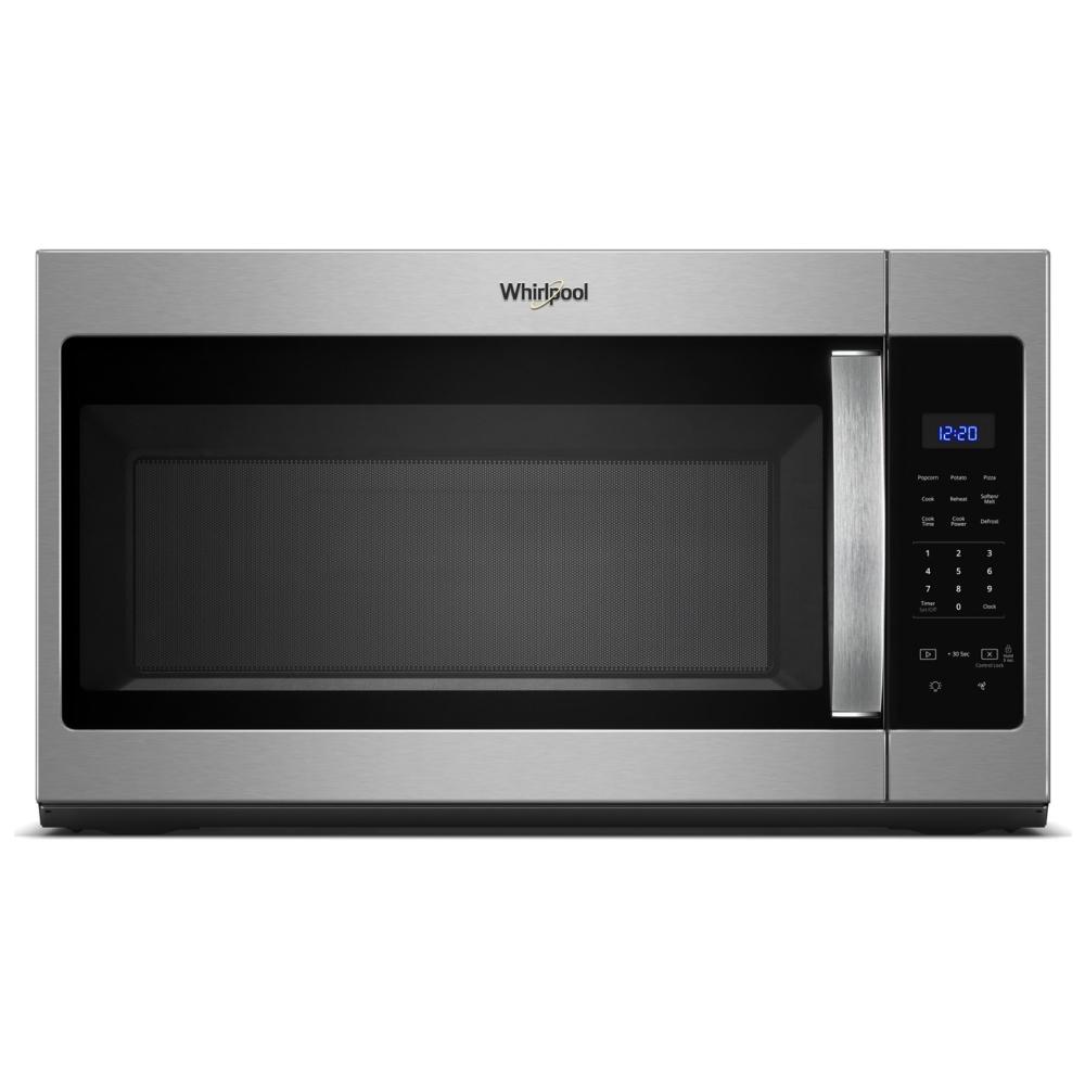 Stainless steel microwave hood combo with blue digital clock and electronic touch control panel from kitchen appliances collection