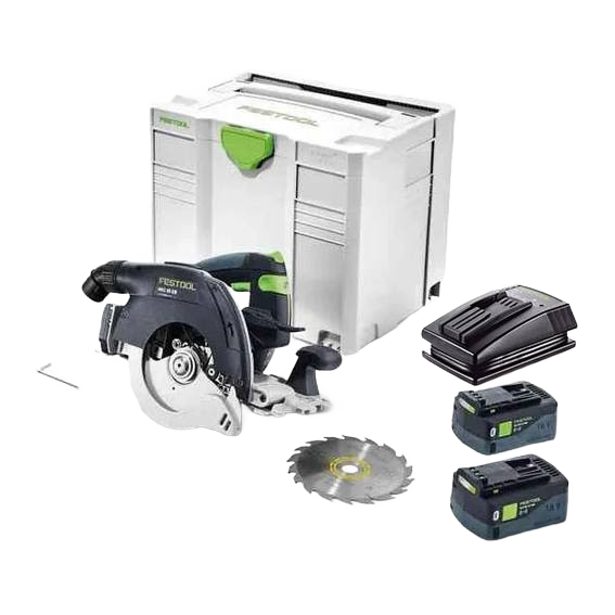 Cordless Festool carpentry saw kit with battery charger, two batteries, saw blade, and portable storage case in power tools collection