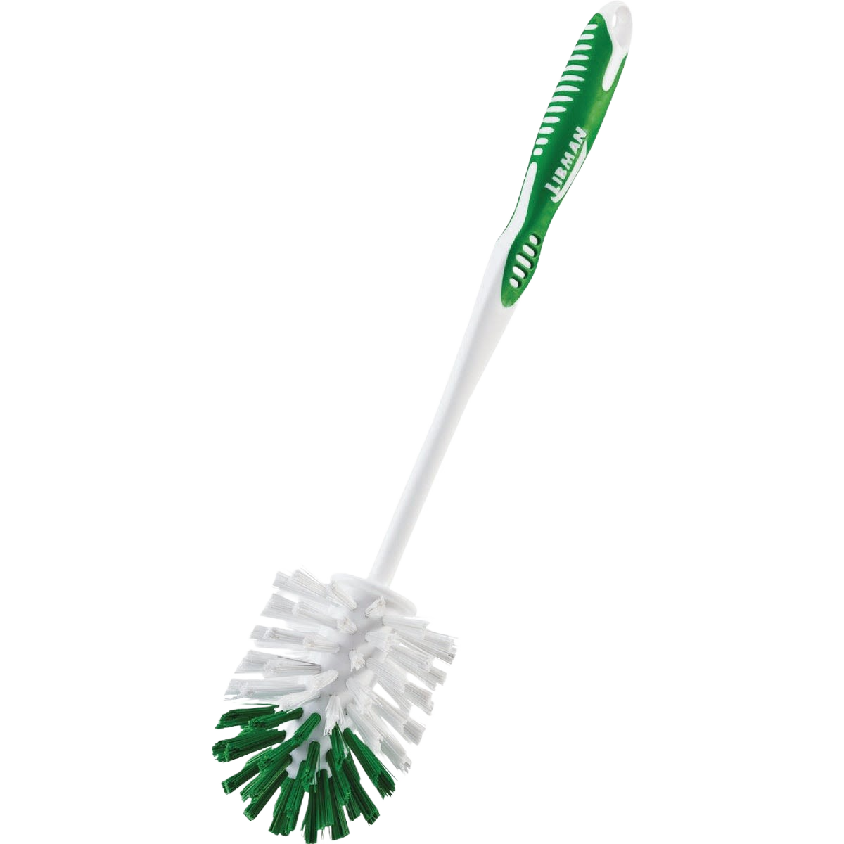 Toilet bowl brush with green and white polymer bristles and ergonomic handle for cleaning tools and home improvement collections