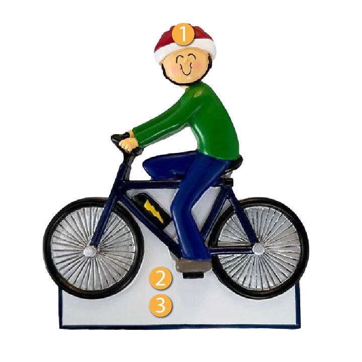 Smiling male figure wearing red hat riding blue electric bike ornament, festive Christmas tree decoration under $50