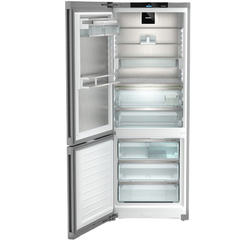 Open stainless steel freestanding refrigerator with bottom freezer and adjustable clear shelves in Appliances collection