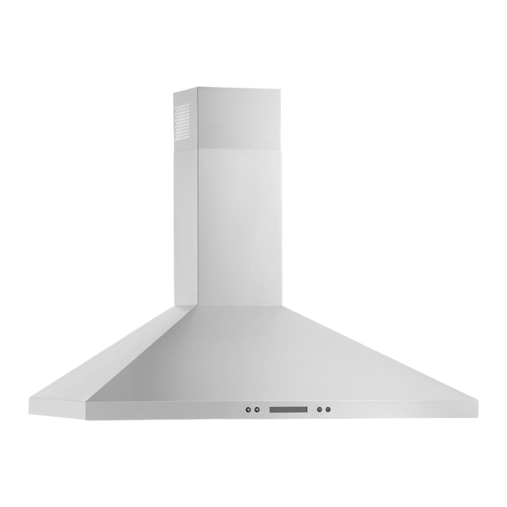 36-inch stainless steel chimney range hood with dishwasher-safe grease filters and LED lighting for kitchen ventilation