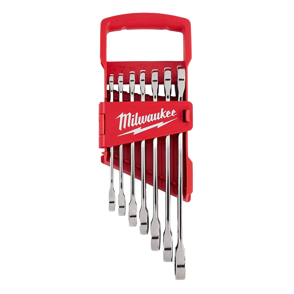 Set of 7 ratcheting combination SAE wrenches with polished chrome finish and red organizer for home improvement tasks