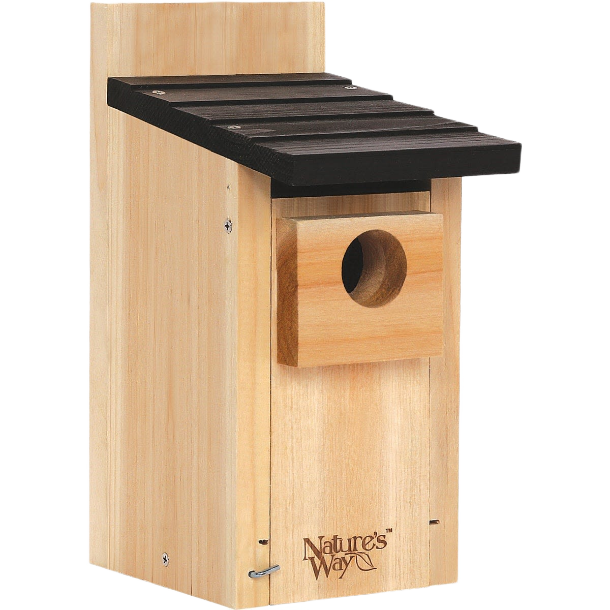 Natural cedar birdhouse with black slanted roof and circular entry hole for bluebird nesting in outdoor settings