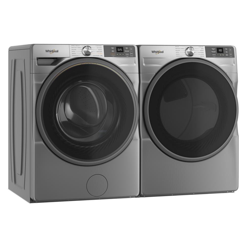 Silver smart front load washer and matching dryer with digital controls from the Washers & Dryers collection
