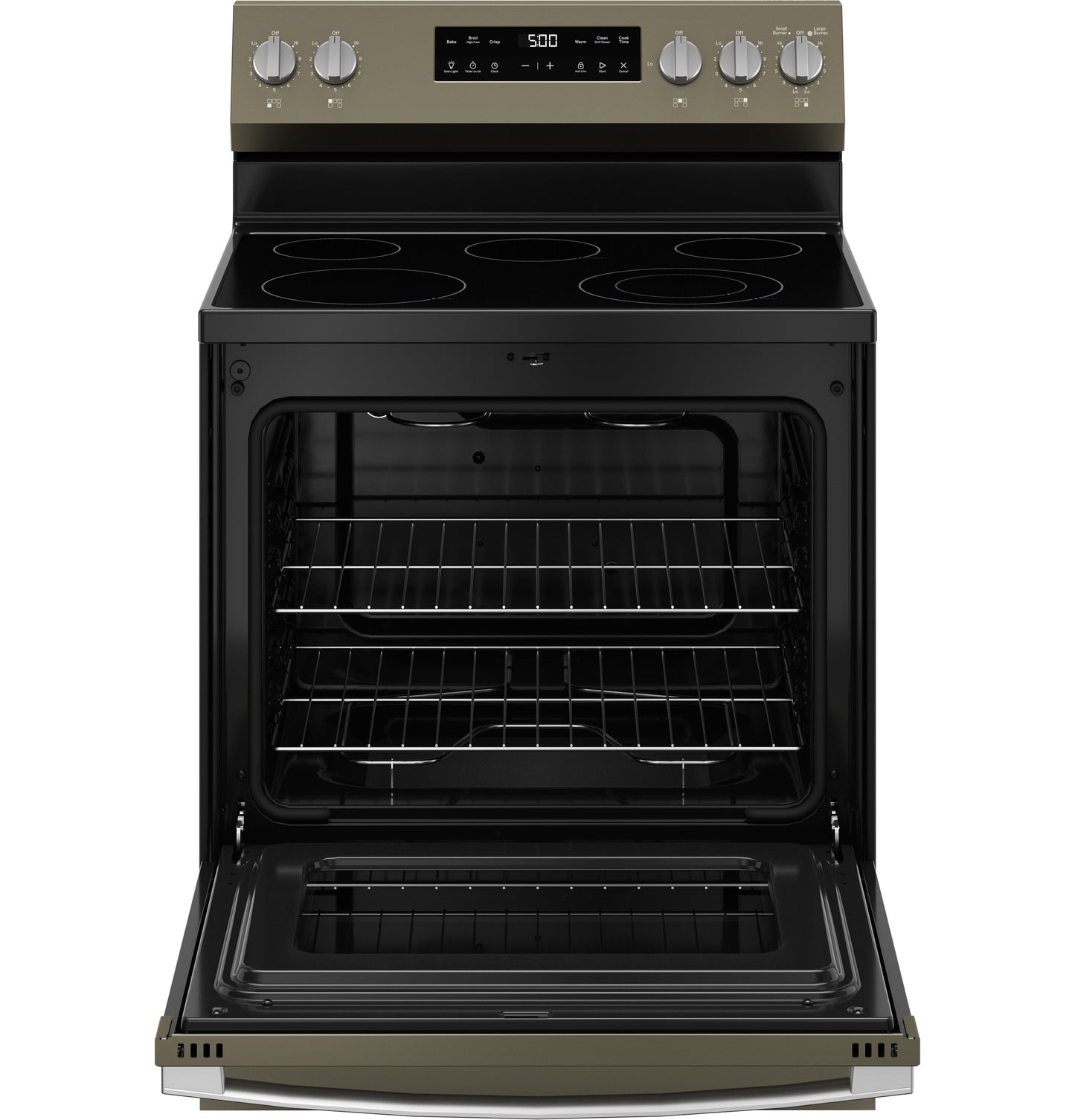 Free-standing electric range with open oven, black glass cooktop, four burners, and stainless steel control panel from Ranges collection