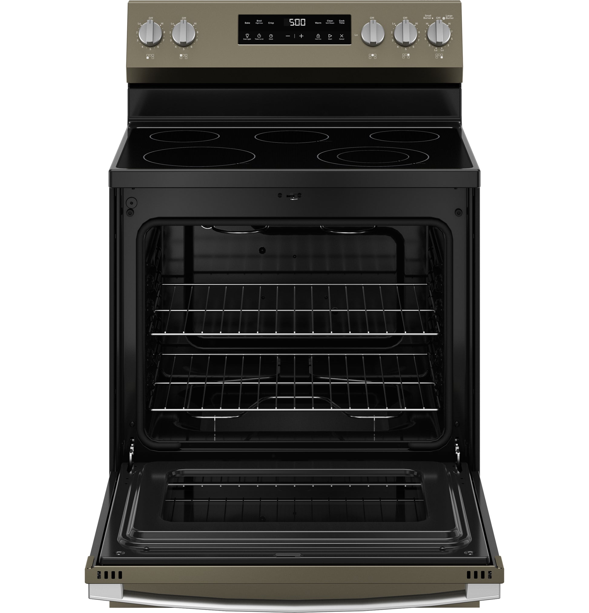 Free-standing electric range with open oven, black glass cooktop, four burners, and stainless steel control panel from Ranges collection