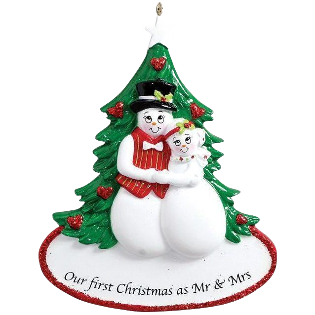 Snowman couple embracing in front of decorated tree with heart accents for Christmas Ornaments & Tree Decorations under $50