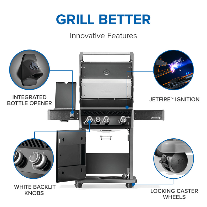Black gas grill highlighting innovative features including integrated bottle opener, Jetfire ignition, white backlit control knobs, and locking caster wheels for outdoor cooking.