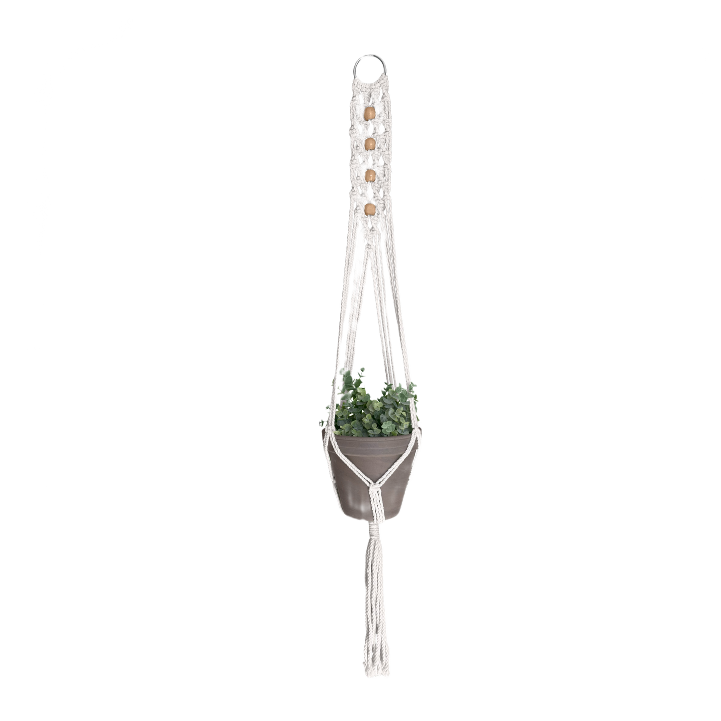 Handcrafted natural cotton macrame plant hanger with wooden beads holding a small green potted plant for home accents and decor.