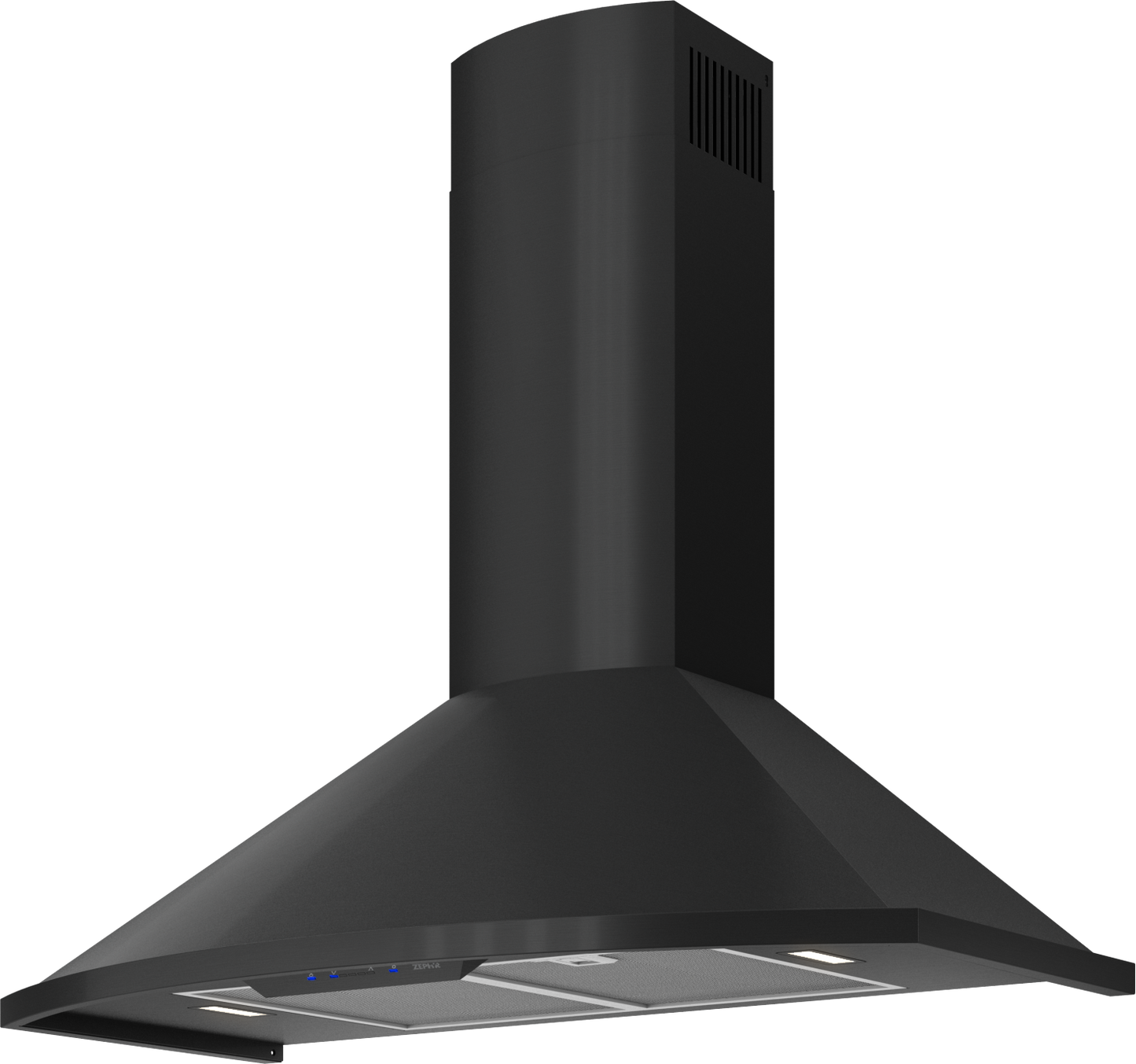 Black powder-coated chimney hood with semi-circular design and LED lighting for kitchen ventilation and home improvement tools