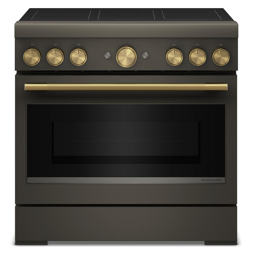 36-inch induction range with six elements, commercial-style design, and gold-tone knobs and handle, KitchenAid appliance