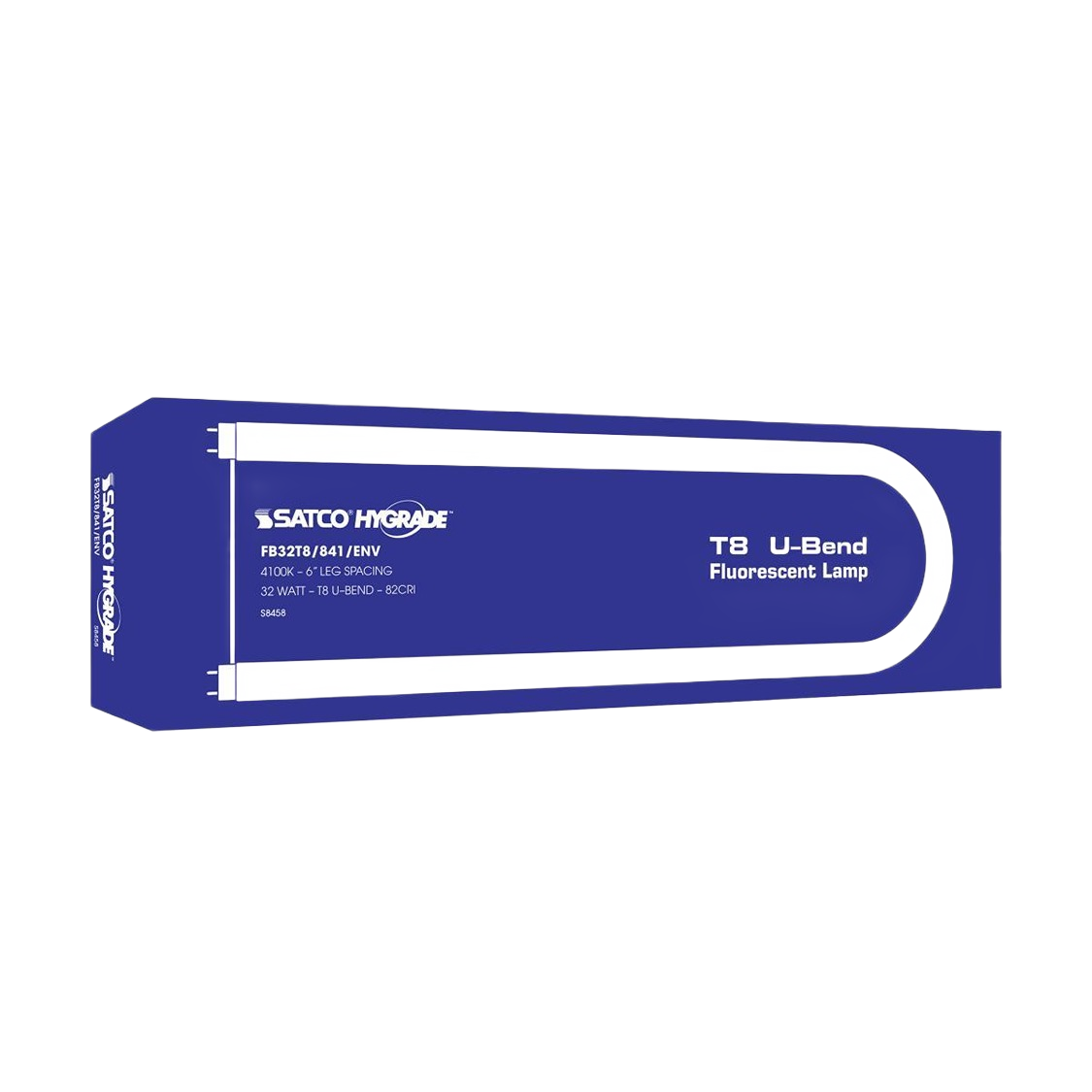 Blue packaging of a Satco T8 U-bend 32 Watt fluorescent lamp for indoor lighting and electrical projects