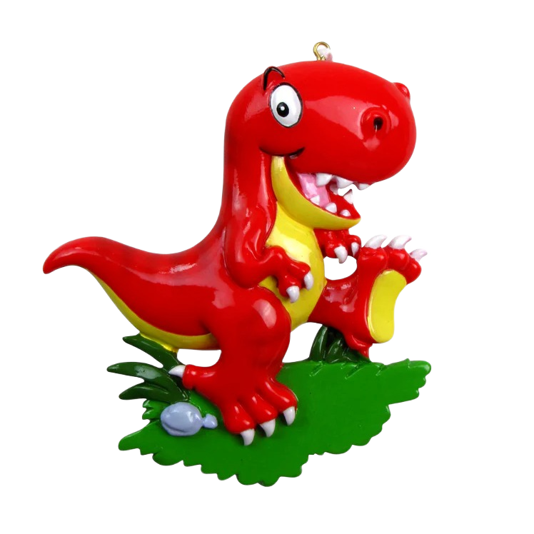 Red T-Rex ornament standing on green grassy base with playful expression in Christmas Ornaments & Tree Decorations collection
