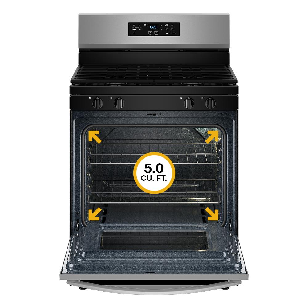 30-inch stainless gas range with open oven showing 5.0 cu ft capacity for kitchen and home improvement