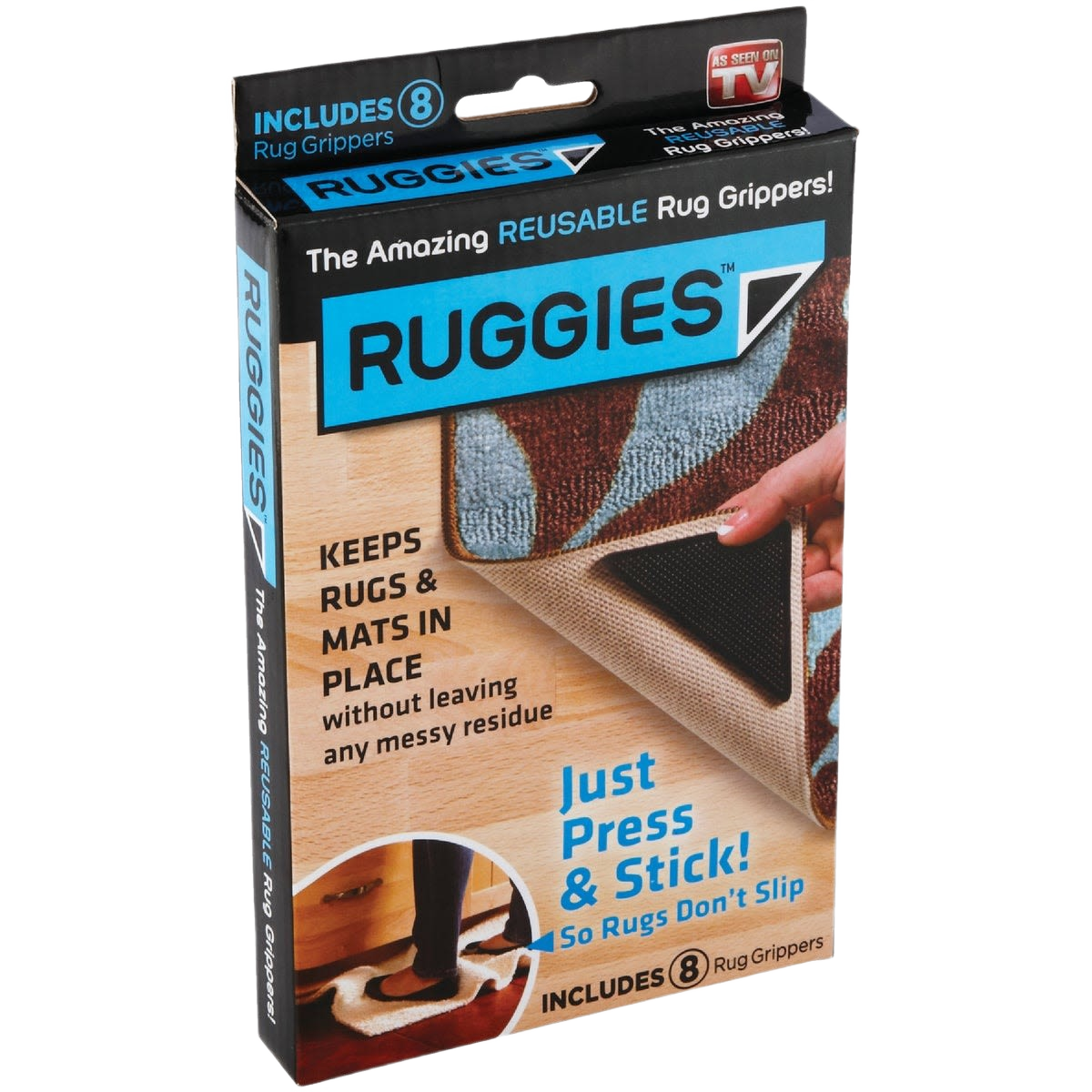 Rectangular packaging of reusable rug grippers for home use, showing partial carpet being lifted by hand on wood floor