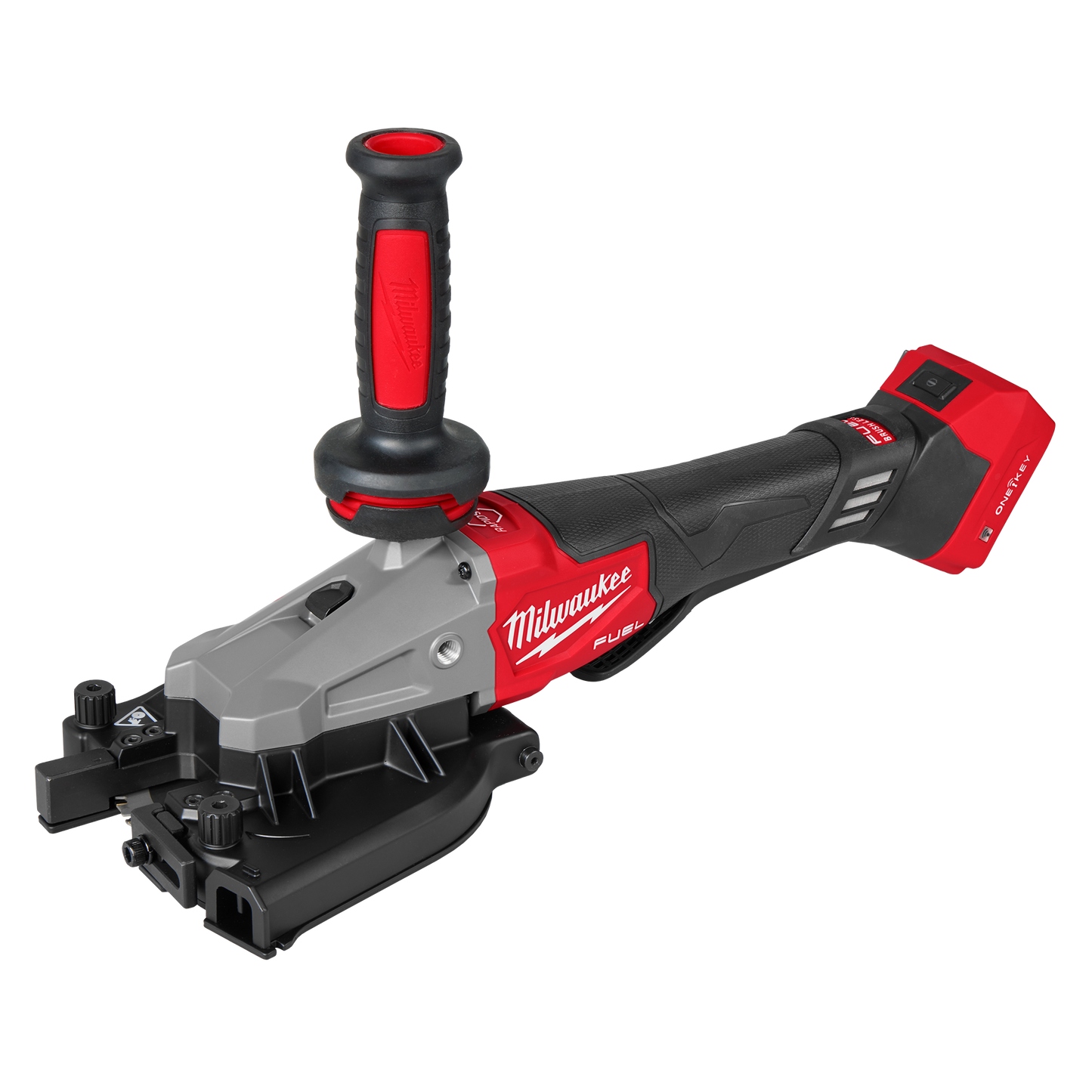 Red and black Milwaukee cordless rebar cutter with side handle for power tool and home improvement projects