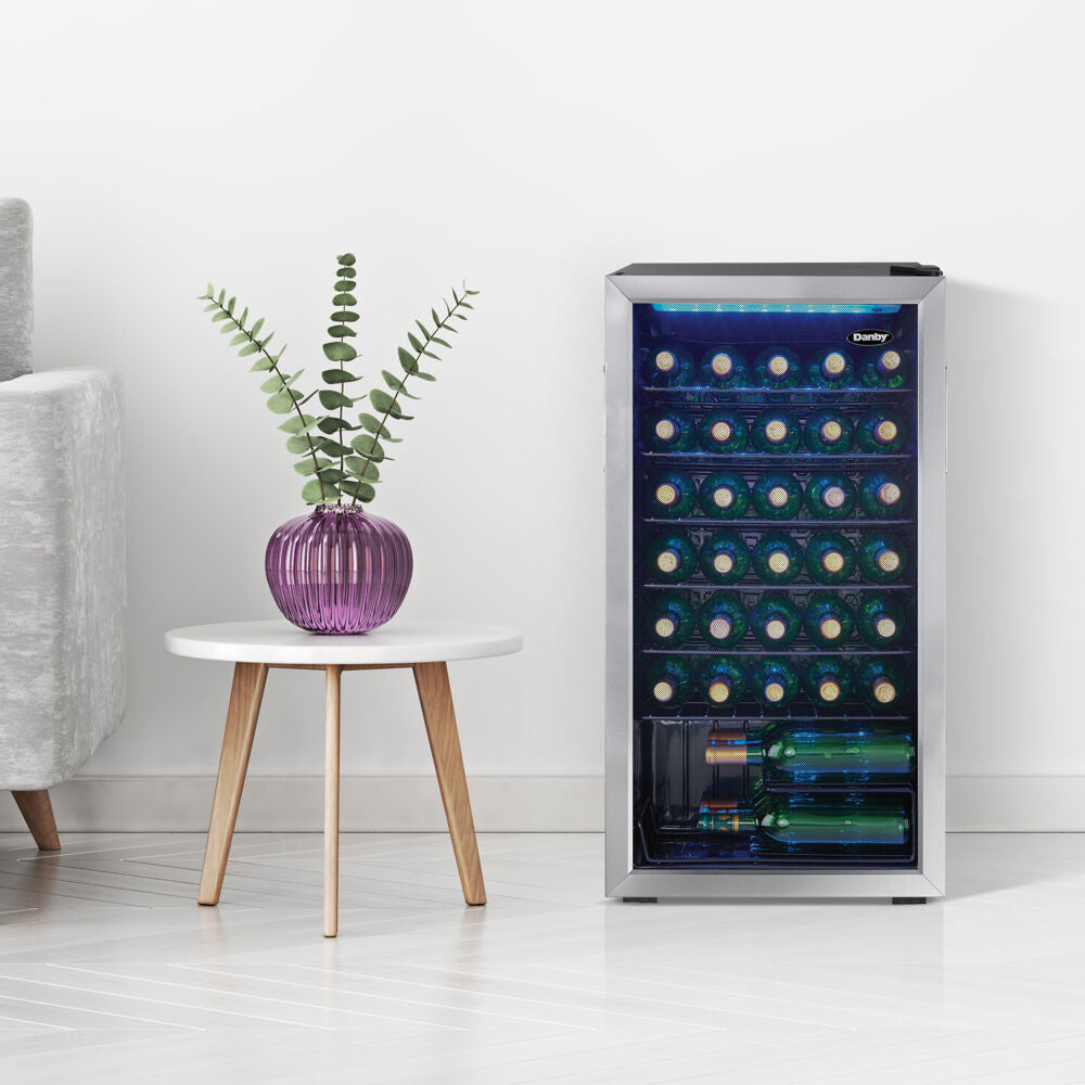 36 Bottle Wine Cooler, Interior Blue LED Lighting, Wire Shelves