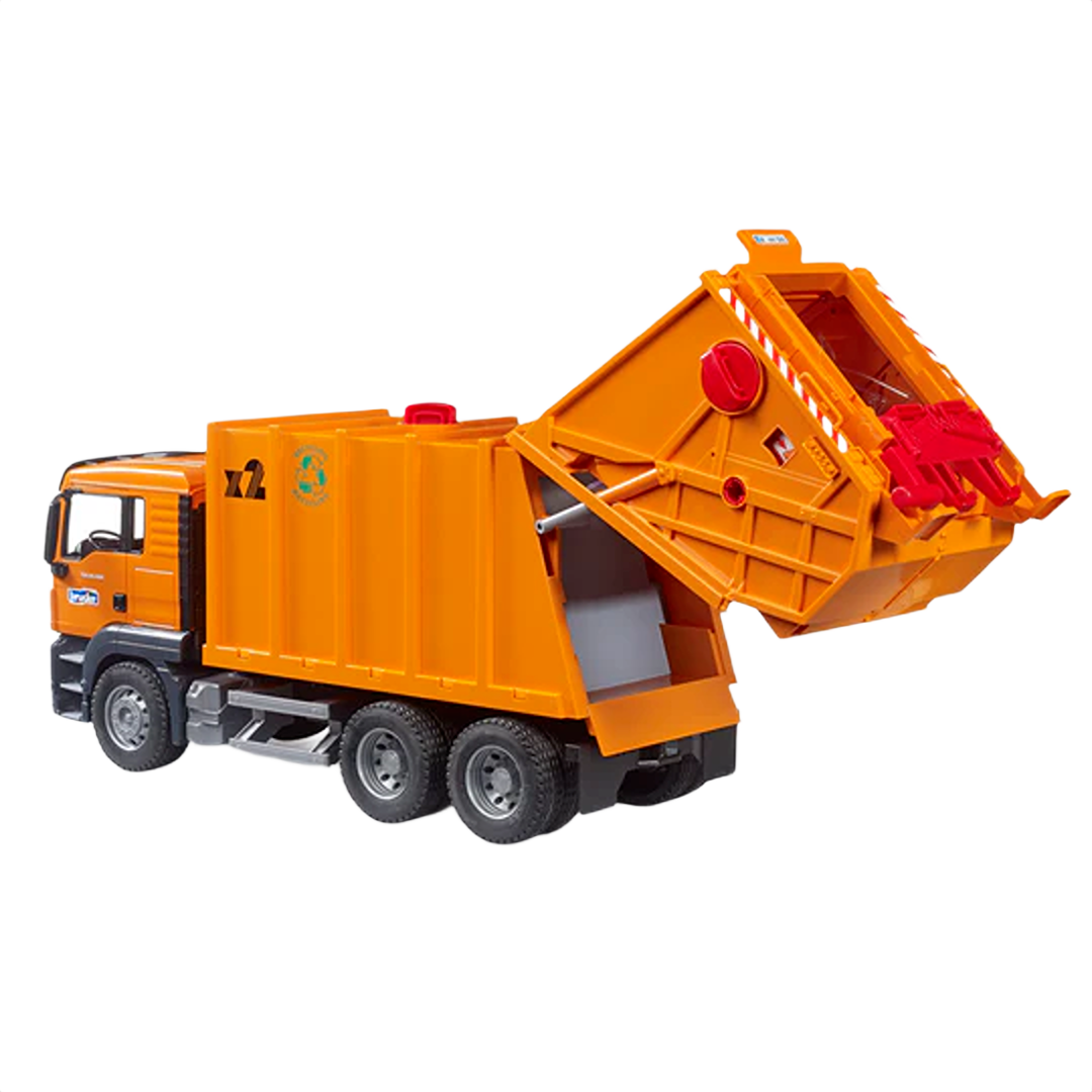 Orange Bruder MAN TGS garbage truck toy with a detailed cab and functional rear loading compartment for play scenarios