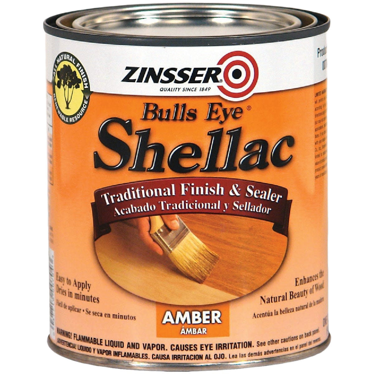 Quart-sized can of amber shellac sealer with brush applying finish on wood from Stains and Finishes collection