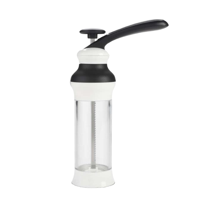 White and black cookie press with ergonomic lever and clear disk storage tube from Kitchen Gadgets under $50 collection