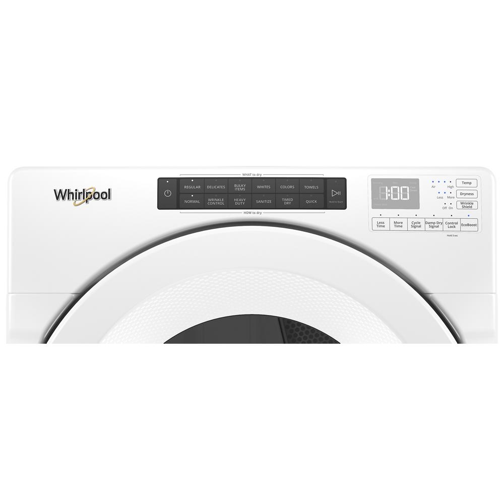 White front load dryer control panel with digital display and multiple cycle options in home appliances collection