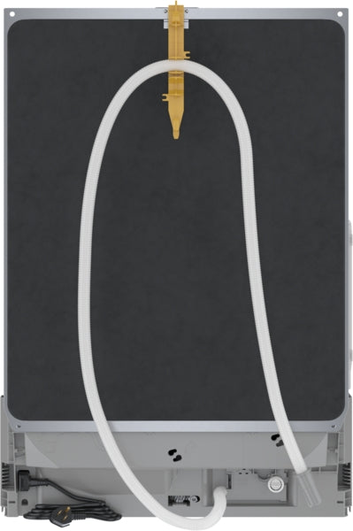 Rear view of 24-inch stainless steel anti-fingerprint dishwasher showing drainage hose and power cord from Bosch Appliances collection