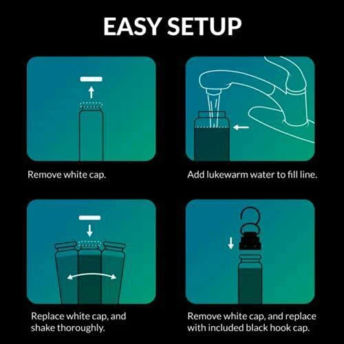 Step-by-step diagram showing how to fill and prepare mosquito barrier device using water for insect pest control under $50 collections