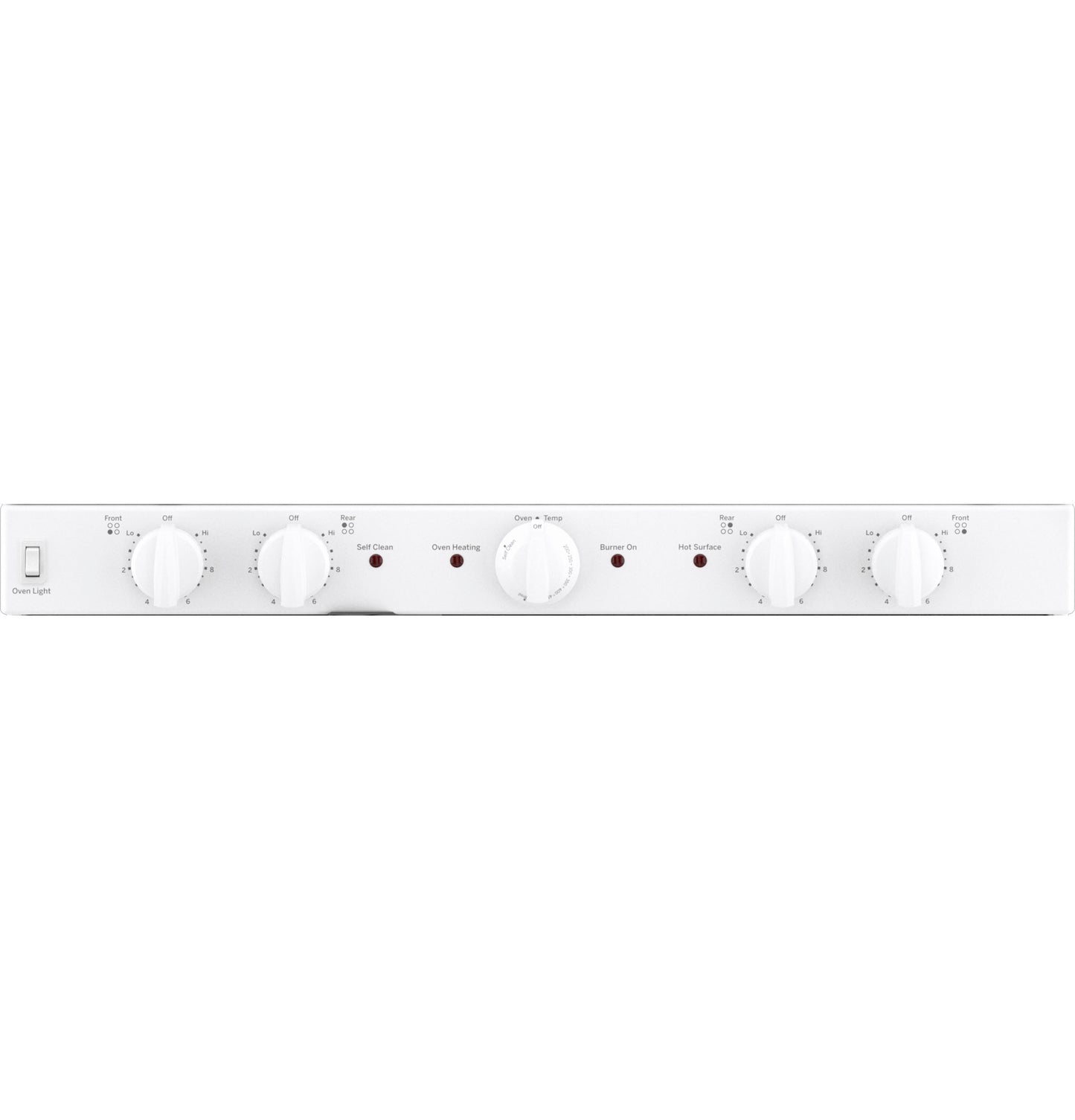 White control panel with multiple knobs and indicator lights for an electric smooth cooktop range in kitchen appliances
