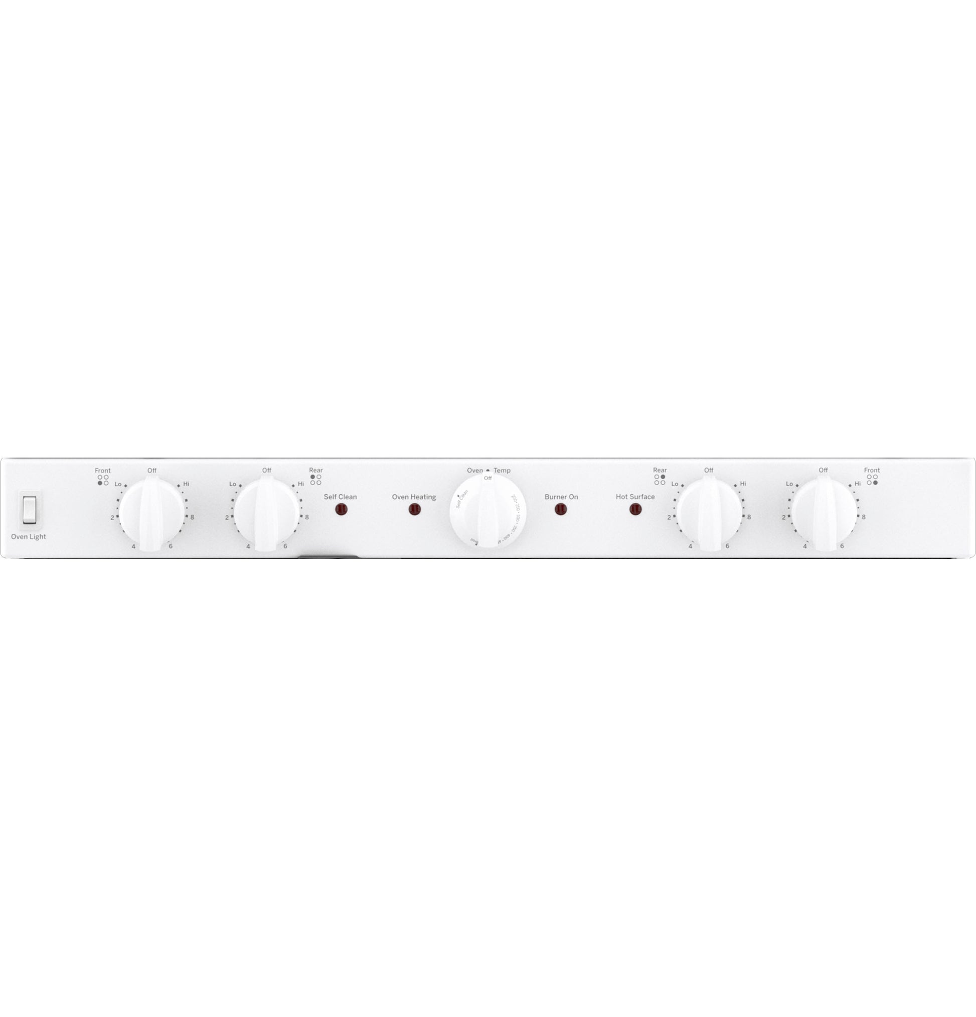 White control panel with multiple knobs and indicator lights for an electric smooth cooktop range in kitchen appliances