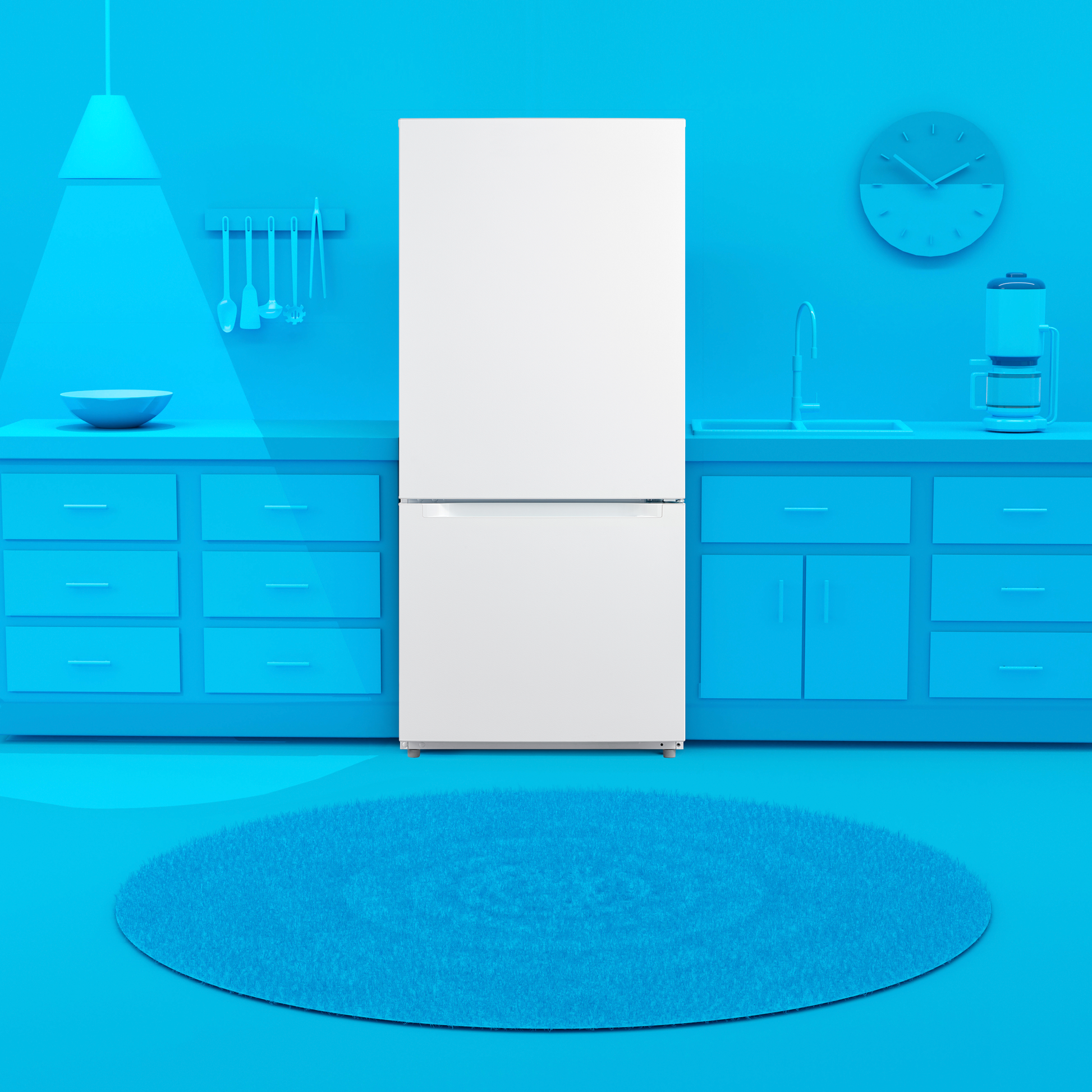 White bottom freezer refrigerator with minimalist style in modern kitchen setting for appliances and kitchenware collections