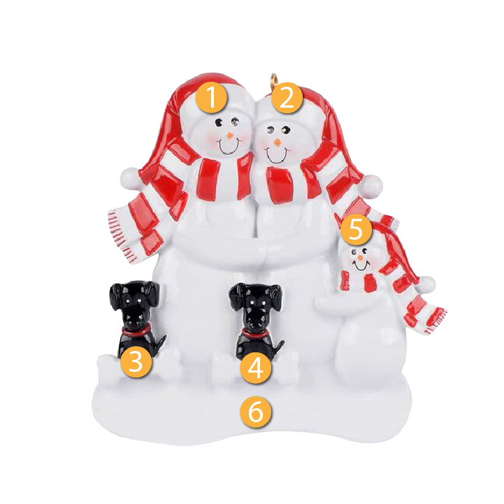Personalized snow family of three wearing red scarves and hats with two black dogs Christmas tree ornament under $50