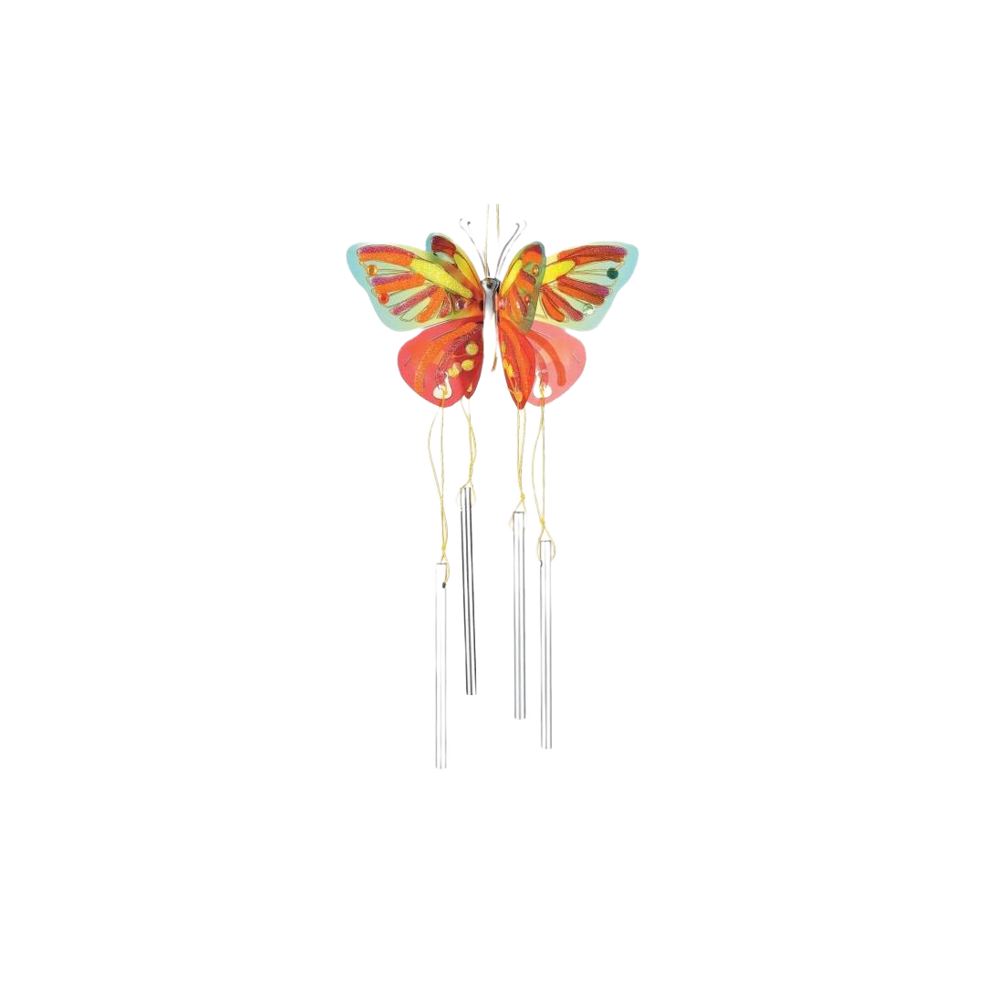 Colorful butterfly-shaped wind chime with hanging metal tubes for creative kids’ outdoor decor and activities
