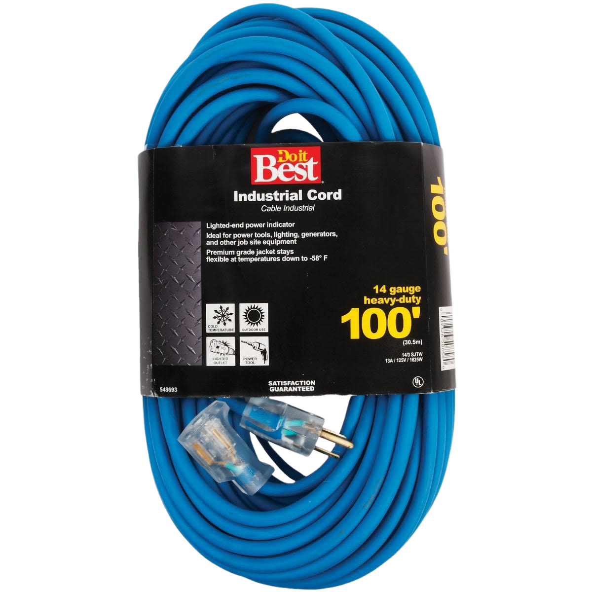 Heavy-duty blue industrial extension cord with clear power indicator plugs, suitable for tools and home improvement use
