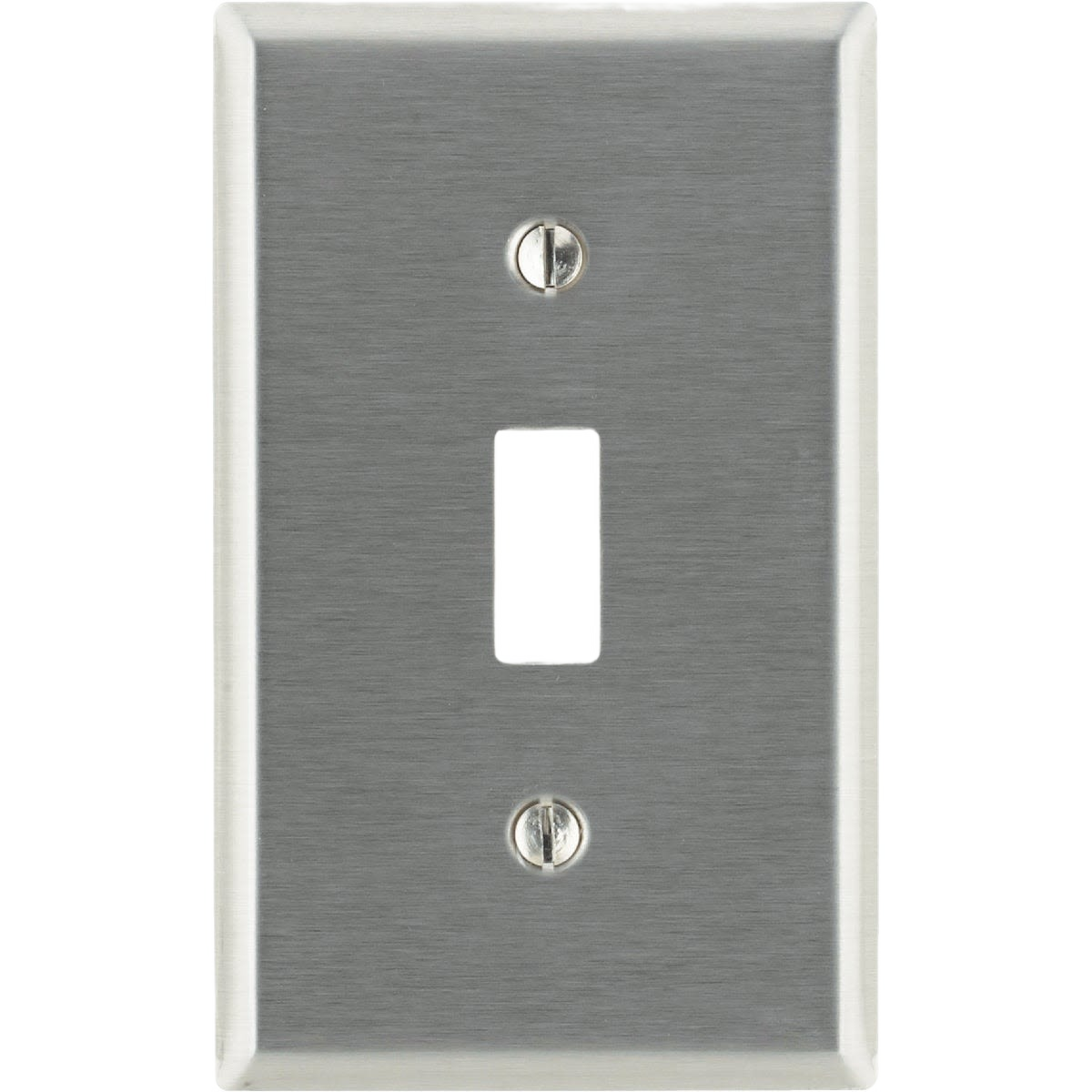 Stainless steel single-gang wall plate for toggle switch with brushed finish and mounting screws for home improvement tasks