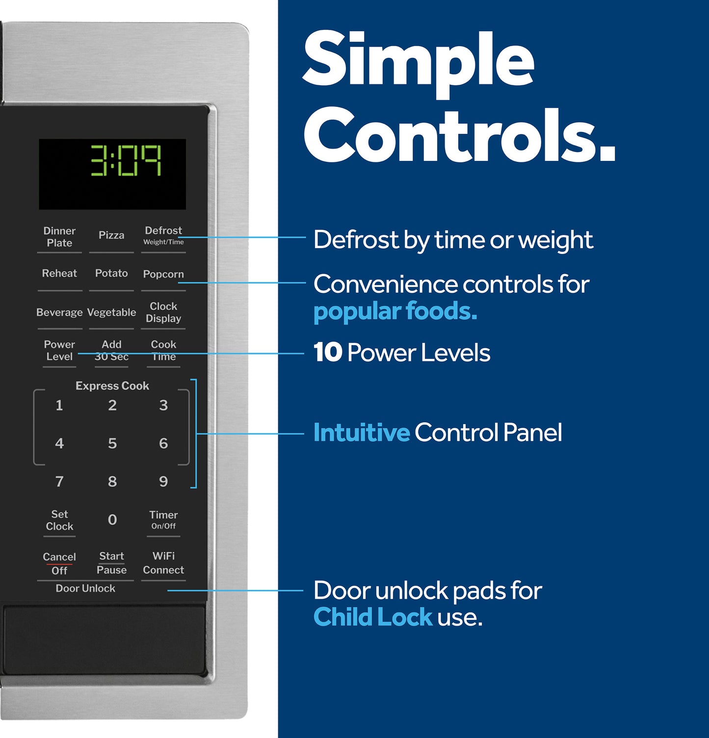 Close-up of countertop microwave control panel with digital clock, child lock, and touchpad for cooking and defrost options