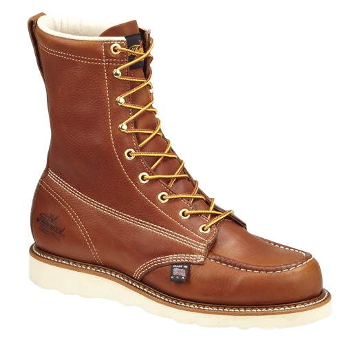 Men’s lace-up tobacco leather moc toe work boot with safety toe and white wedge sole from the Thorogood heritage footwear collection at Hartville Hardware.